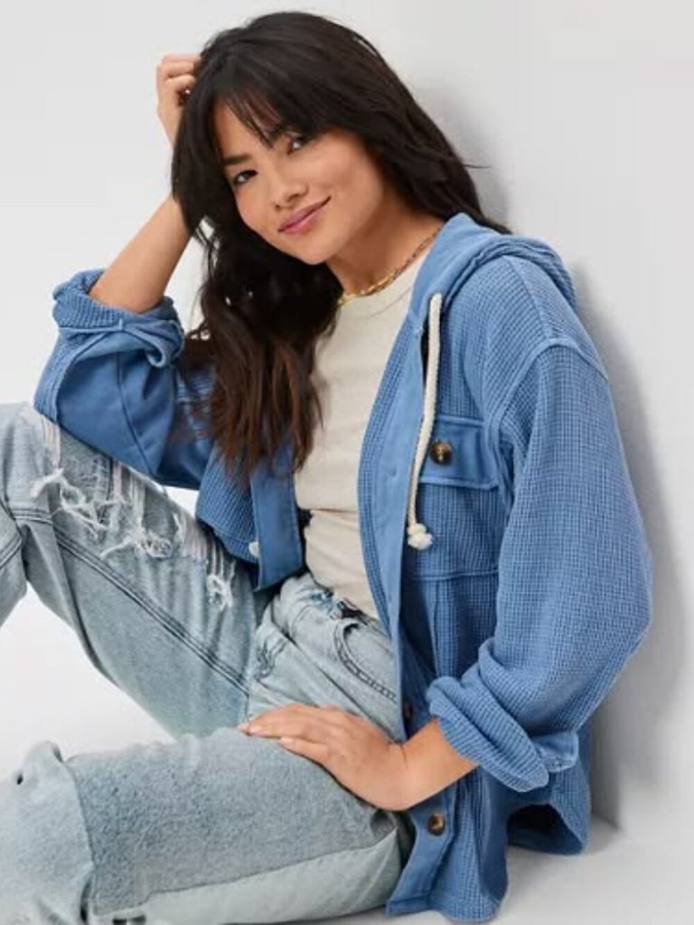 American Eagle Women's Hooded Button Down Cardigan Sweater in Blue Size XS